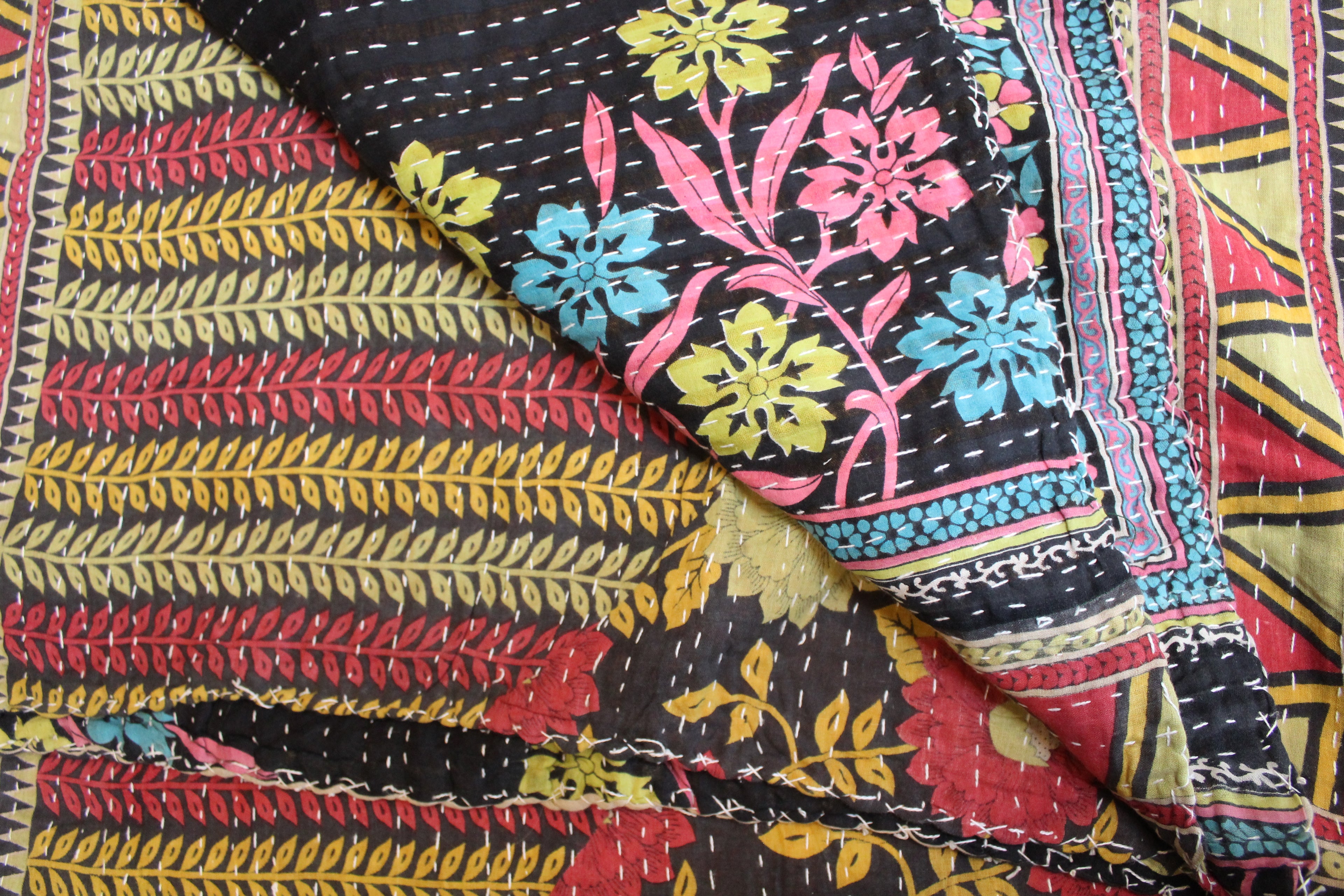 Black Multicolor Floral Patchwork Kantha