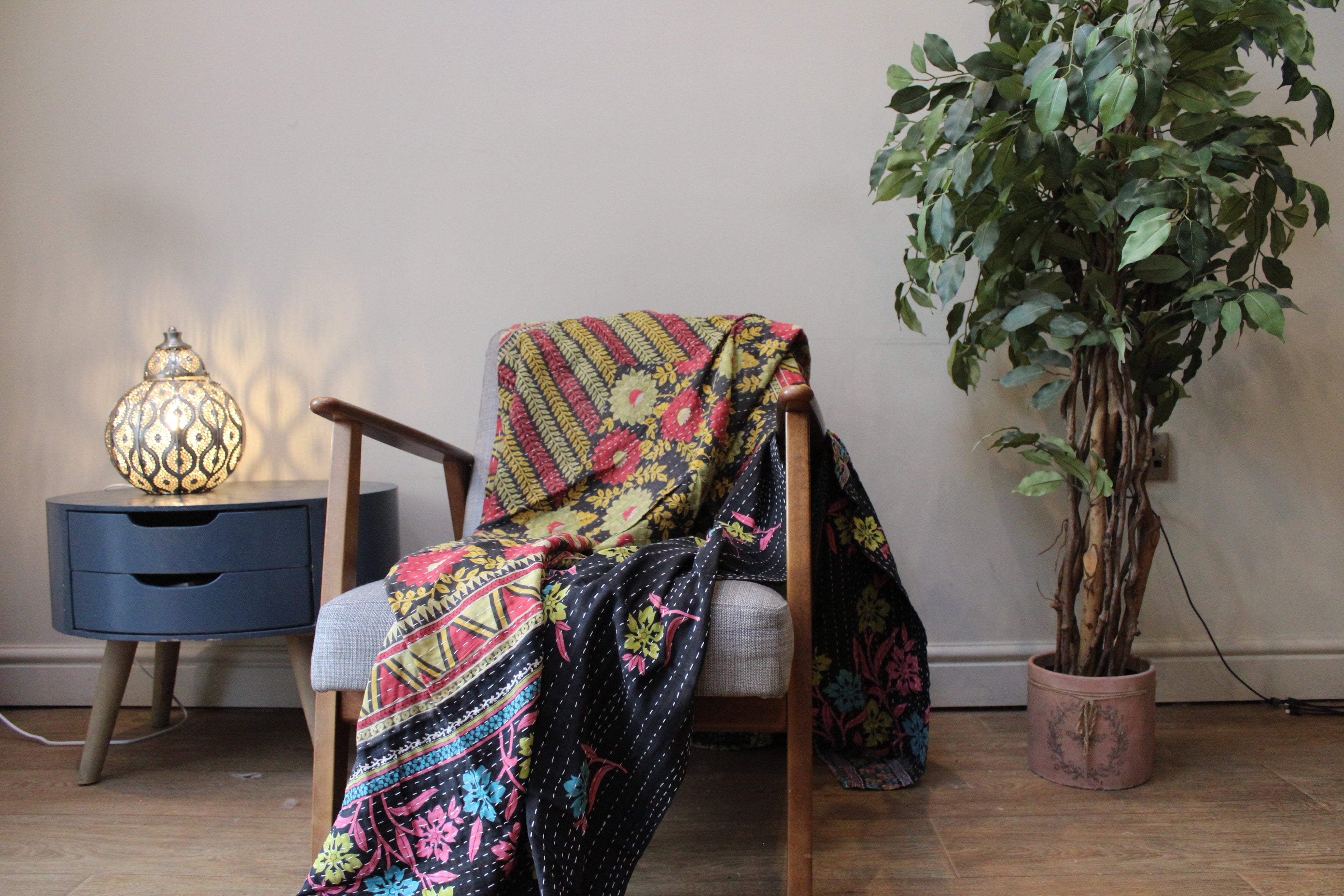 Black Multicolor Floral Patchwork Kantha