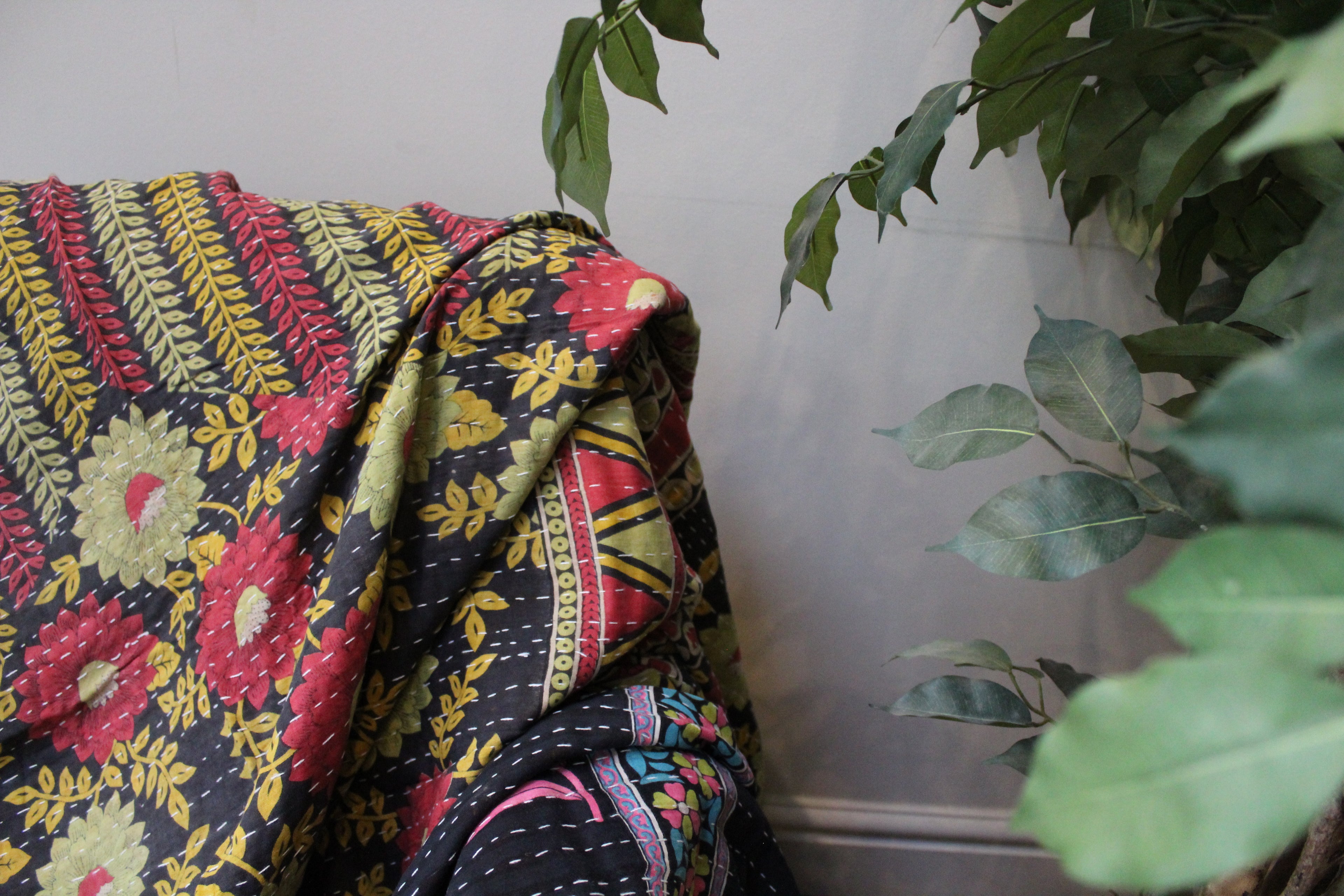 Black Multicolor Floral Patchwork Kantha