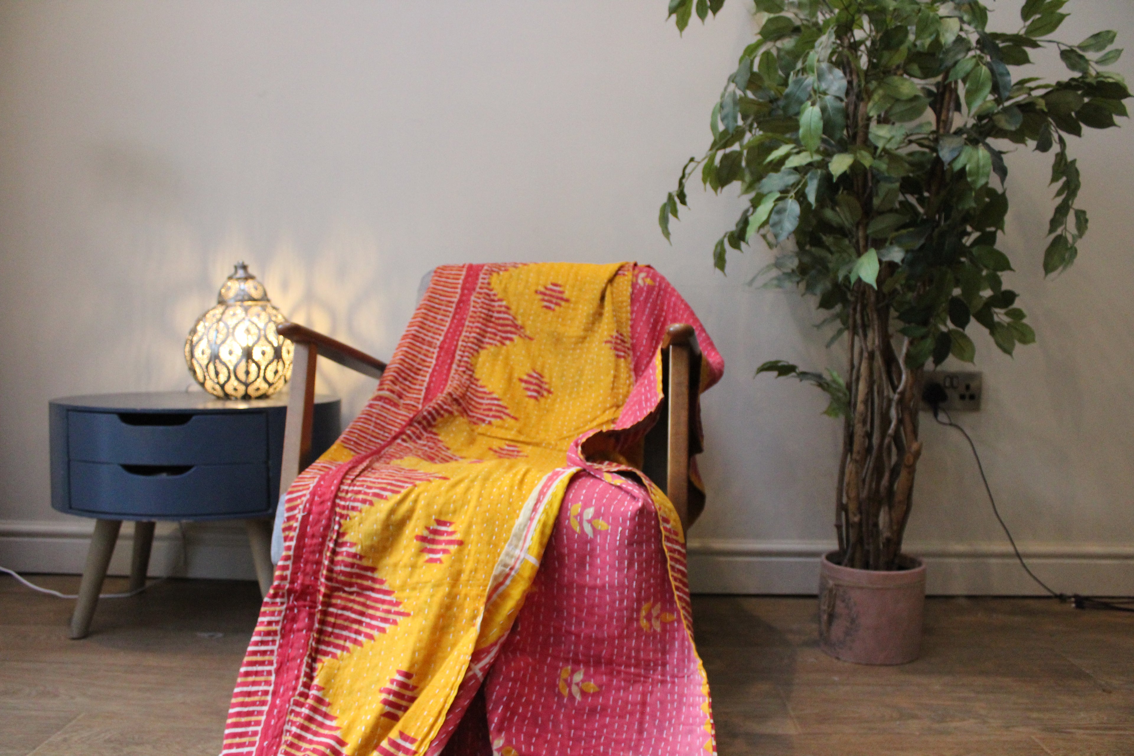 Yellow Pink Geometric Patchwork Kantha