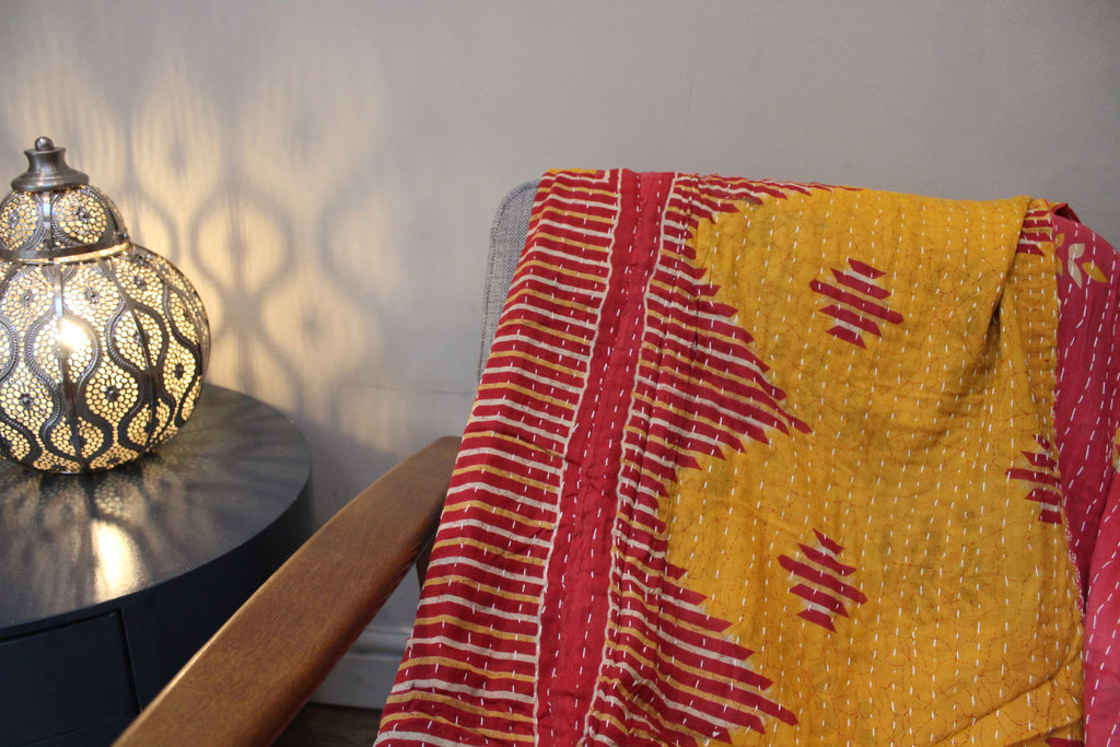 Yellow Pink Geometric Patchwork Kantha