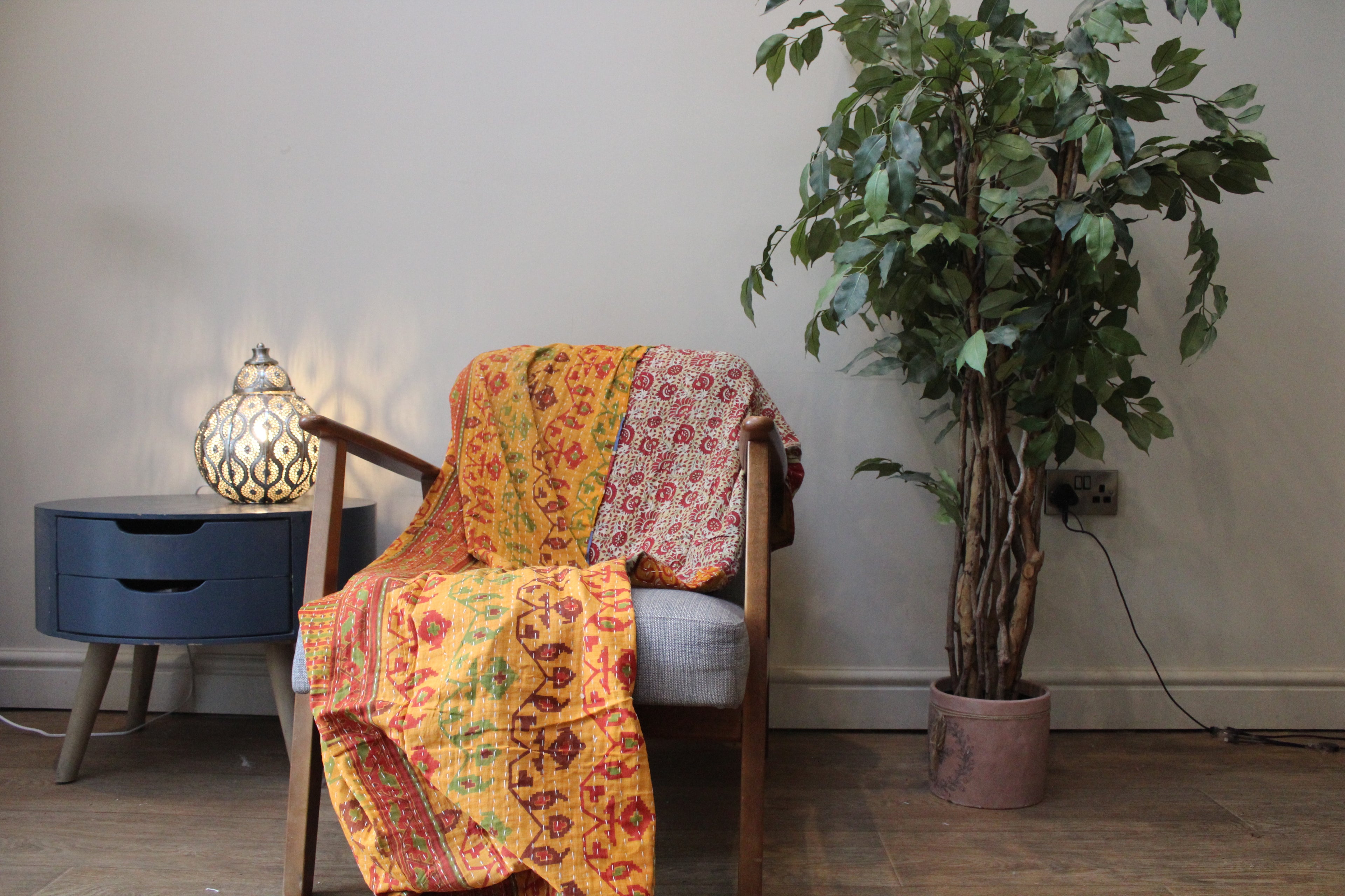 Red Blue Checkered Patchwork Kantha