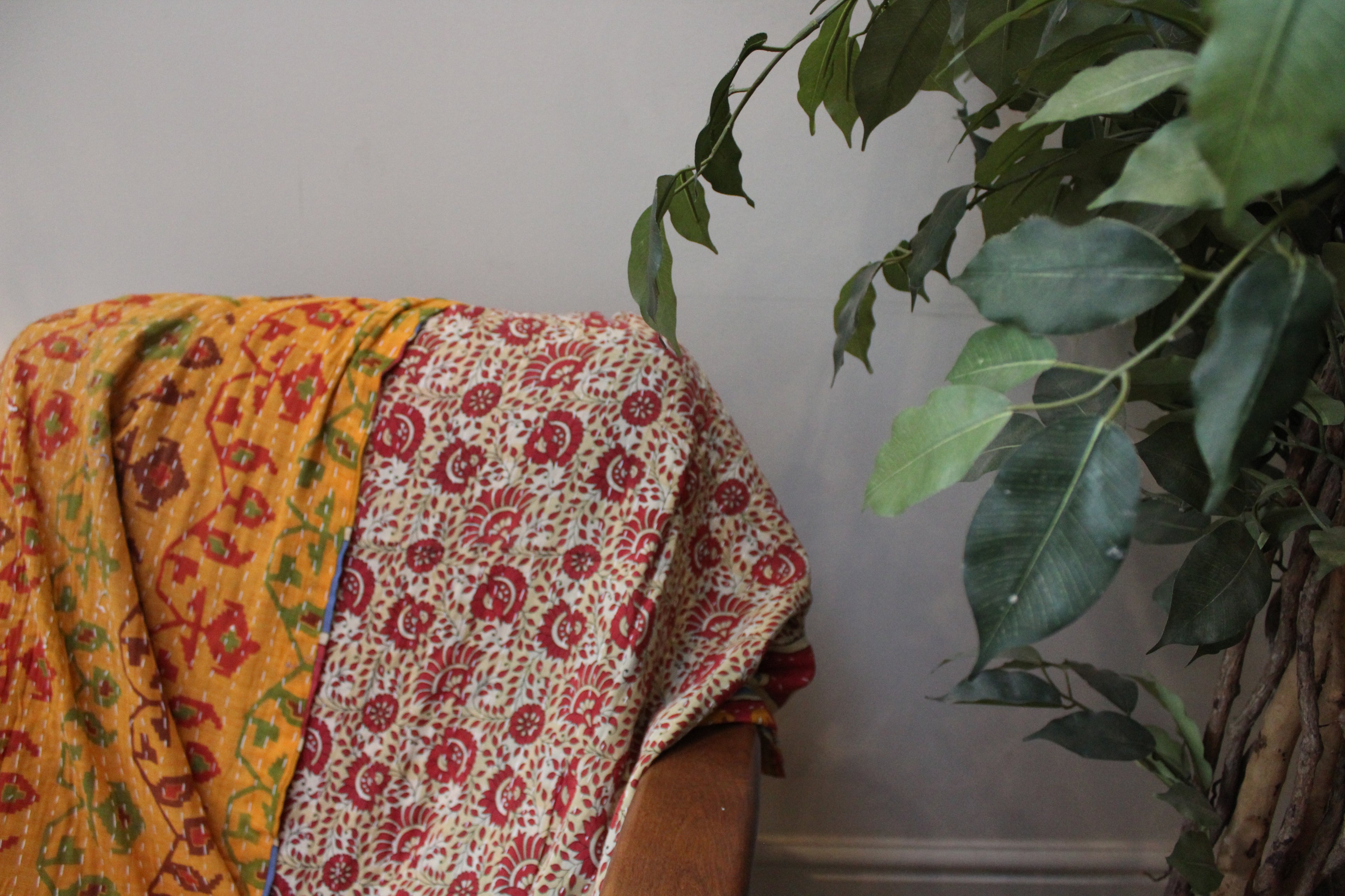 Red Blue Checkered Patchwork Kantha