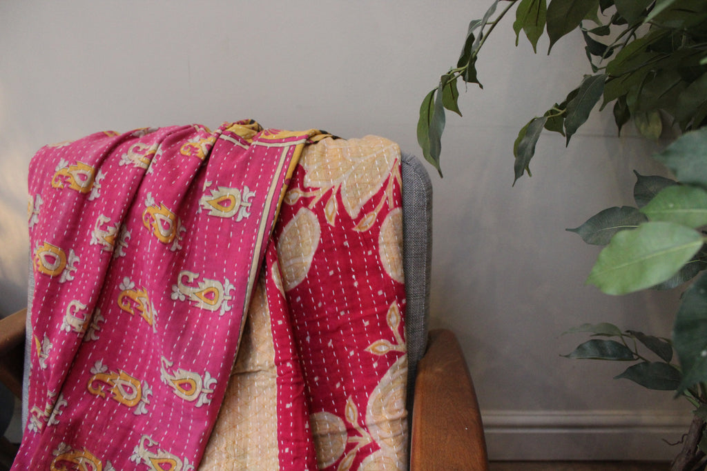 Pink Gold Paisley Patchwork Kantha