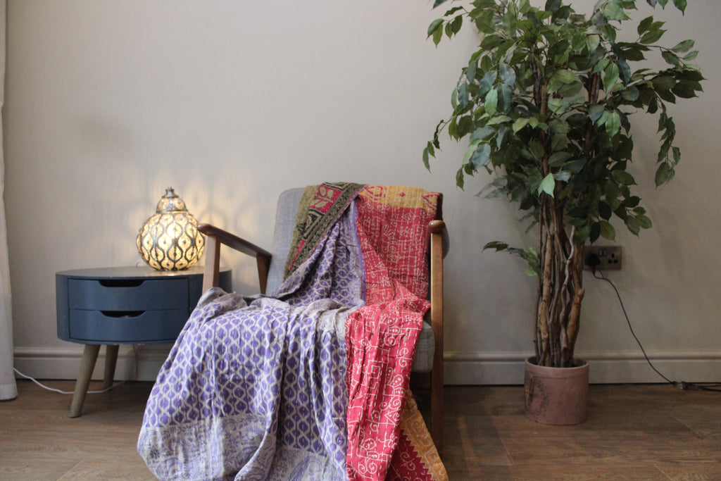 Lavender Red Floral Patchwork Kantha