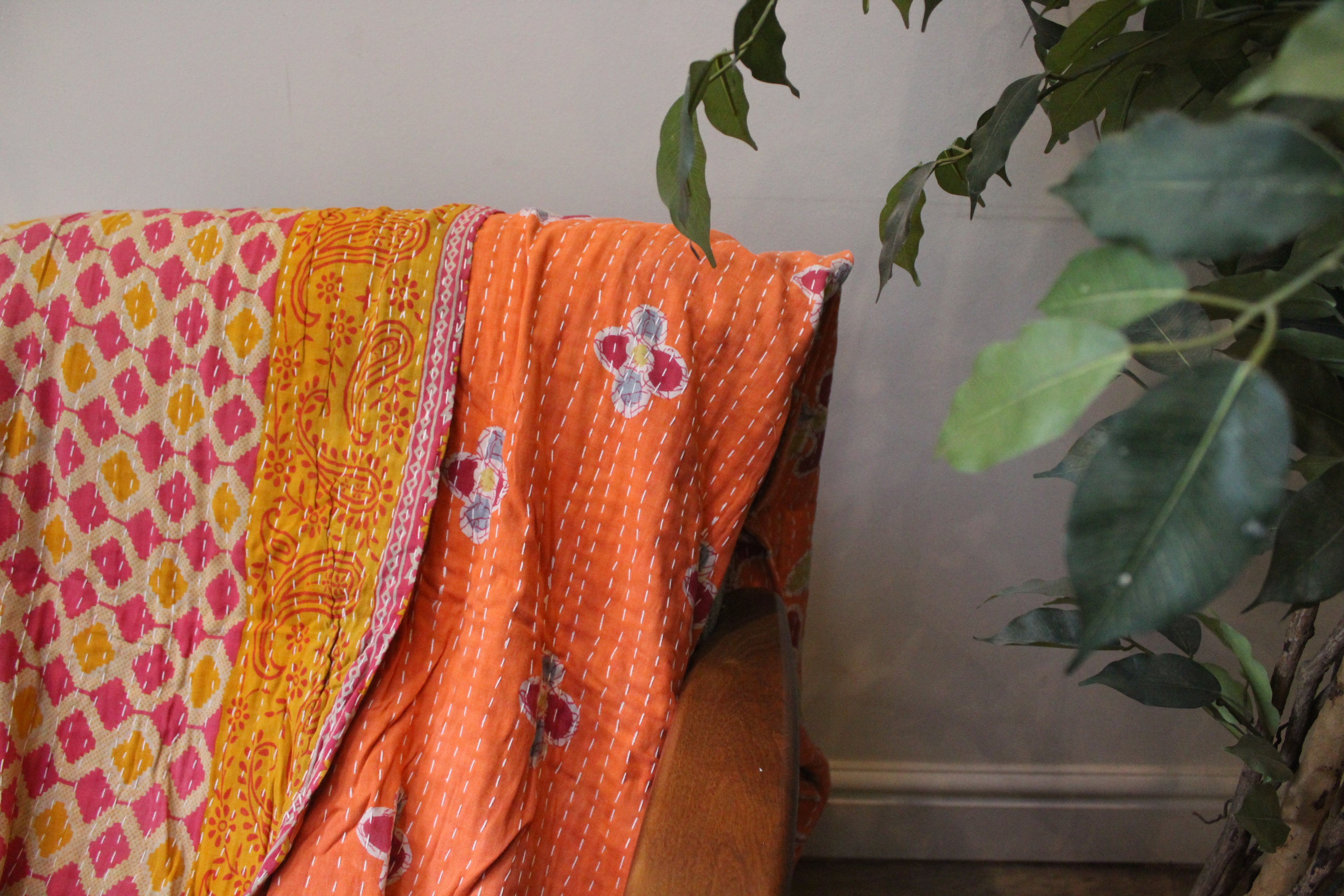 Orange Yellow Geometric Patchwork Kantha