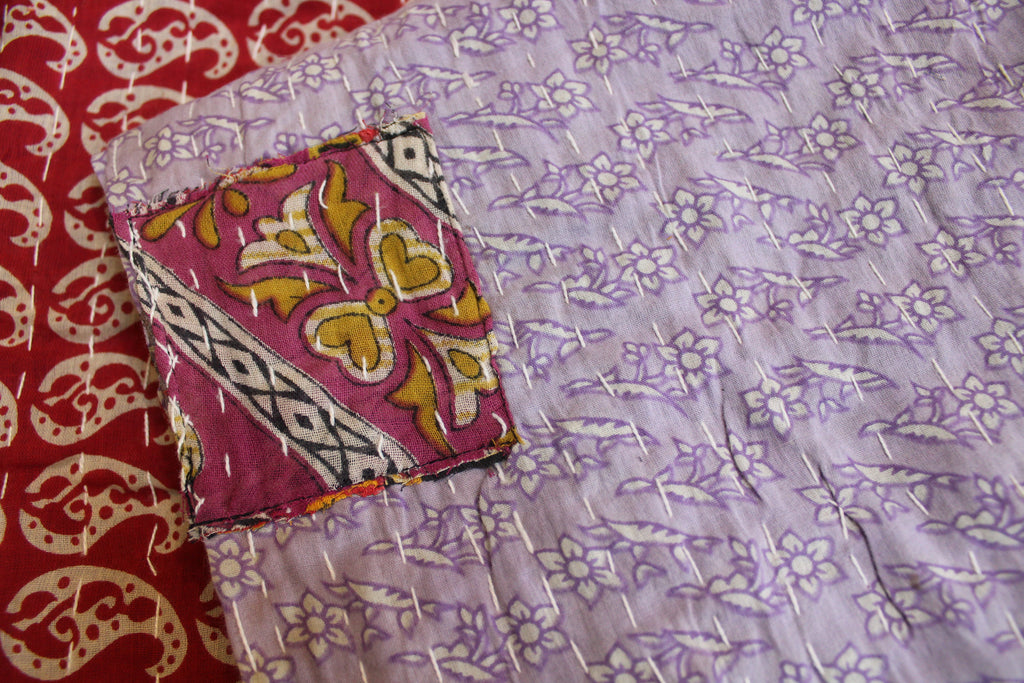 Lavender Red Floral Patchwork Kantha