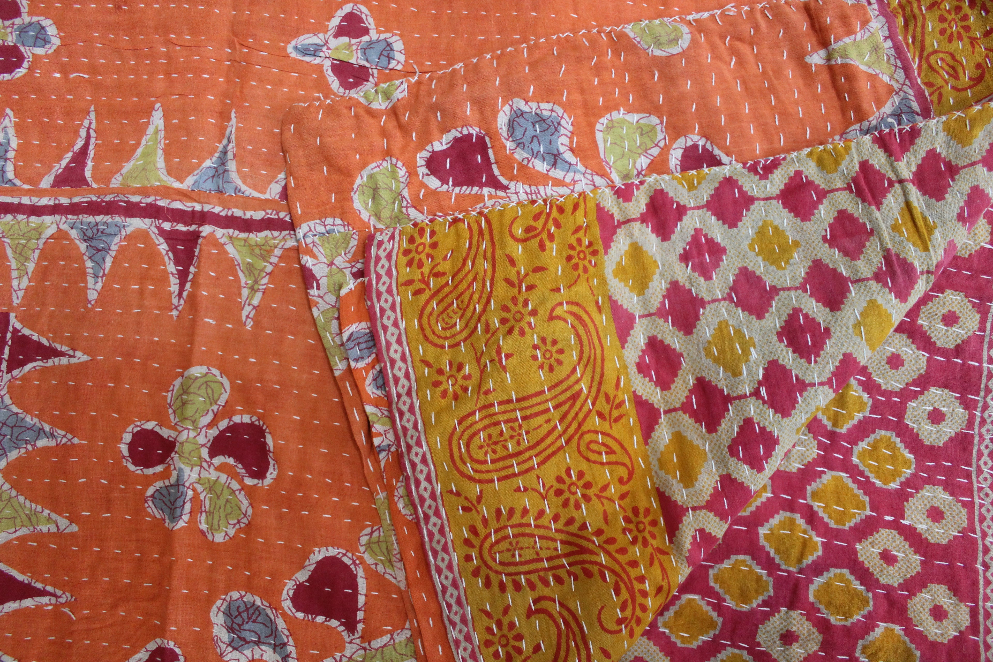 Orange Yellow Geometric Patchwork Kantha