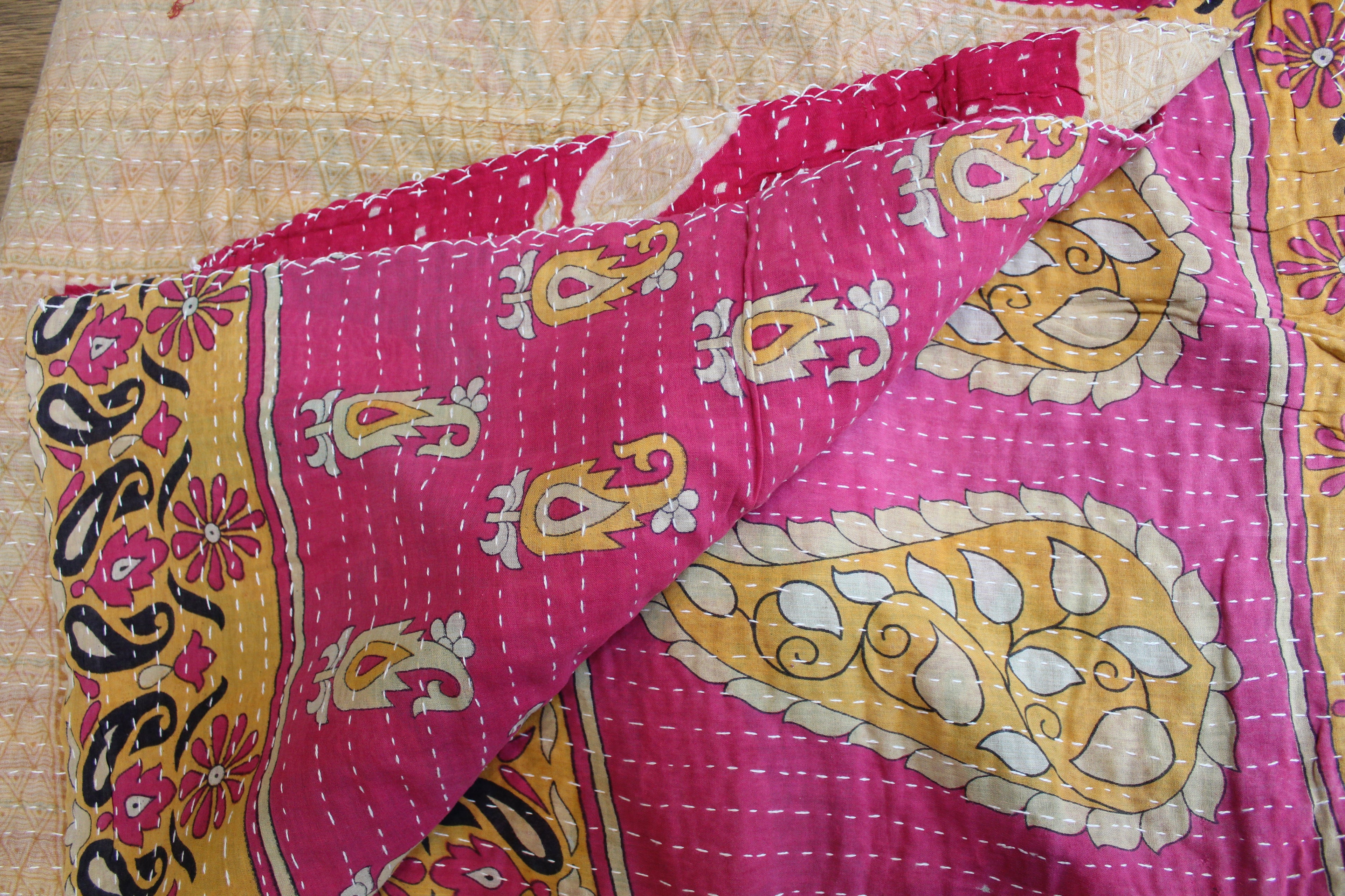 Pink Gold Paisley Patchwork Kantha