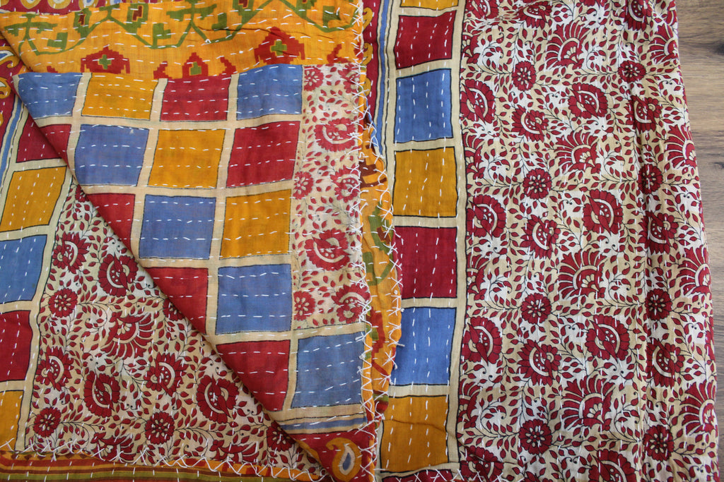 Red Blue Checkered Patchwork Kantha
