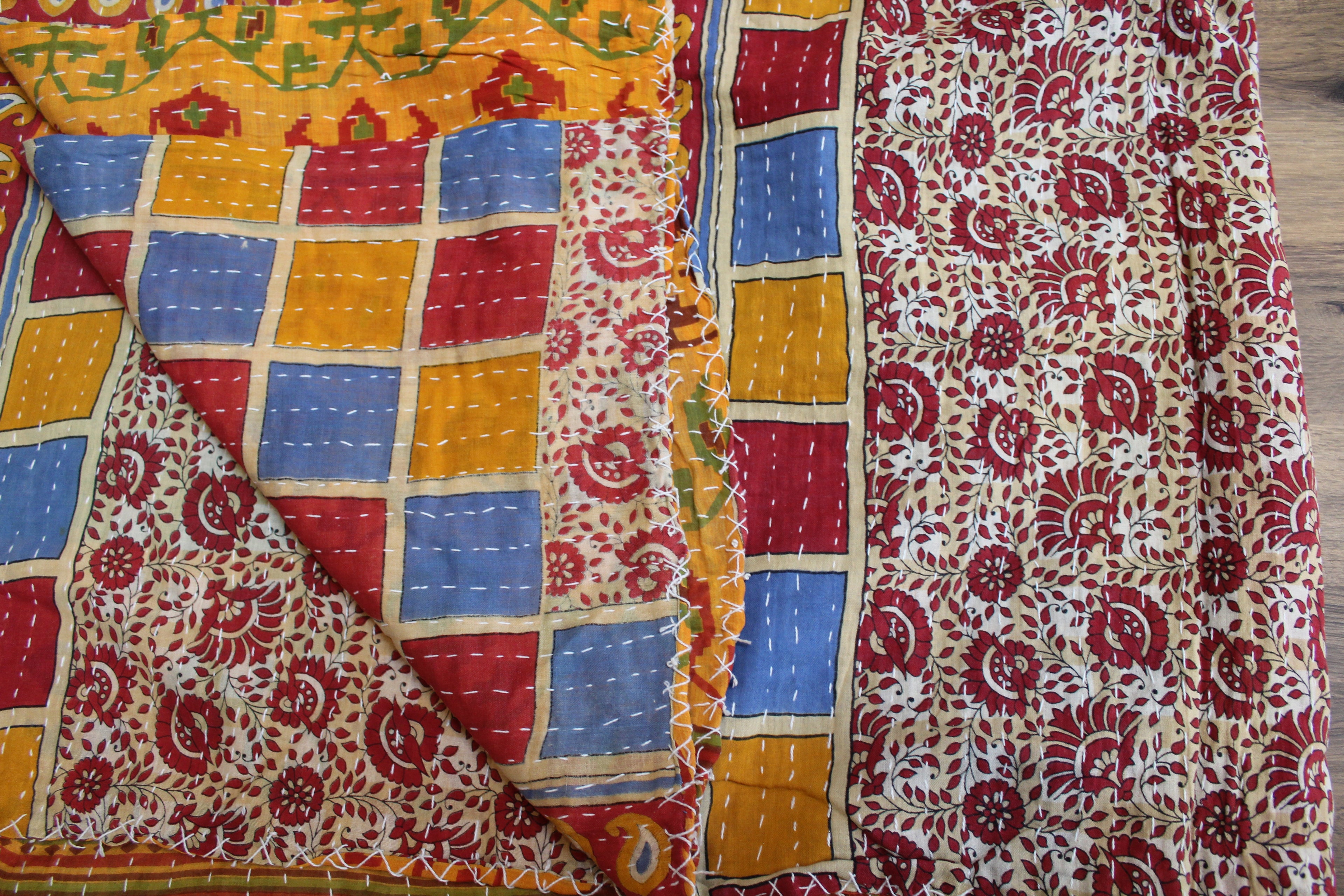 Red Blue Checkered Patchwork Kantha