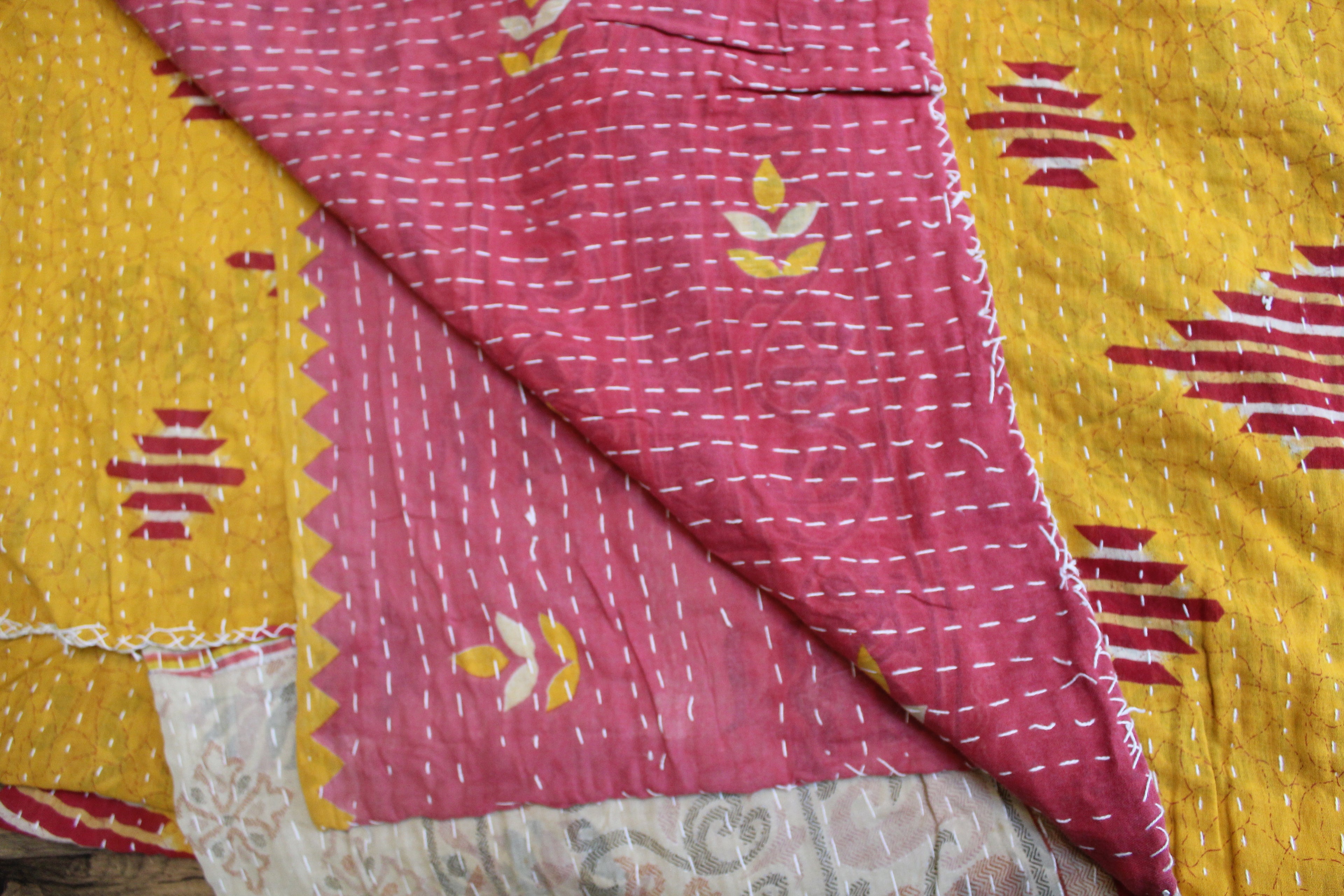 Yellow Pink Geometric Patchwork Kantha